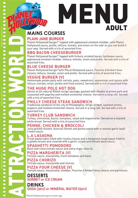 planet hollywood restaurant menu.